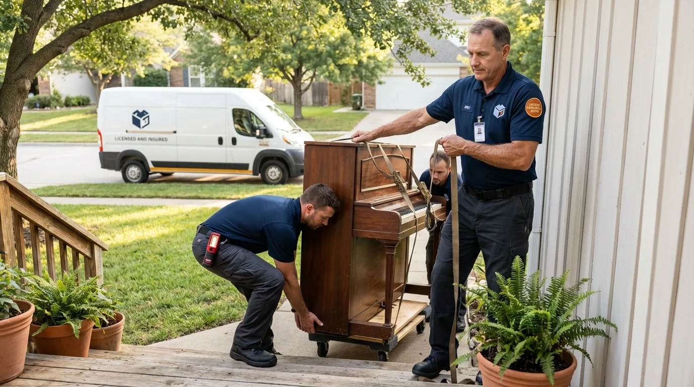 Licensed piano movers securing grand piano in Greenup, KY