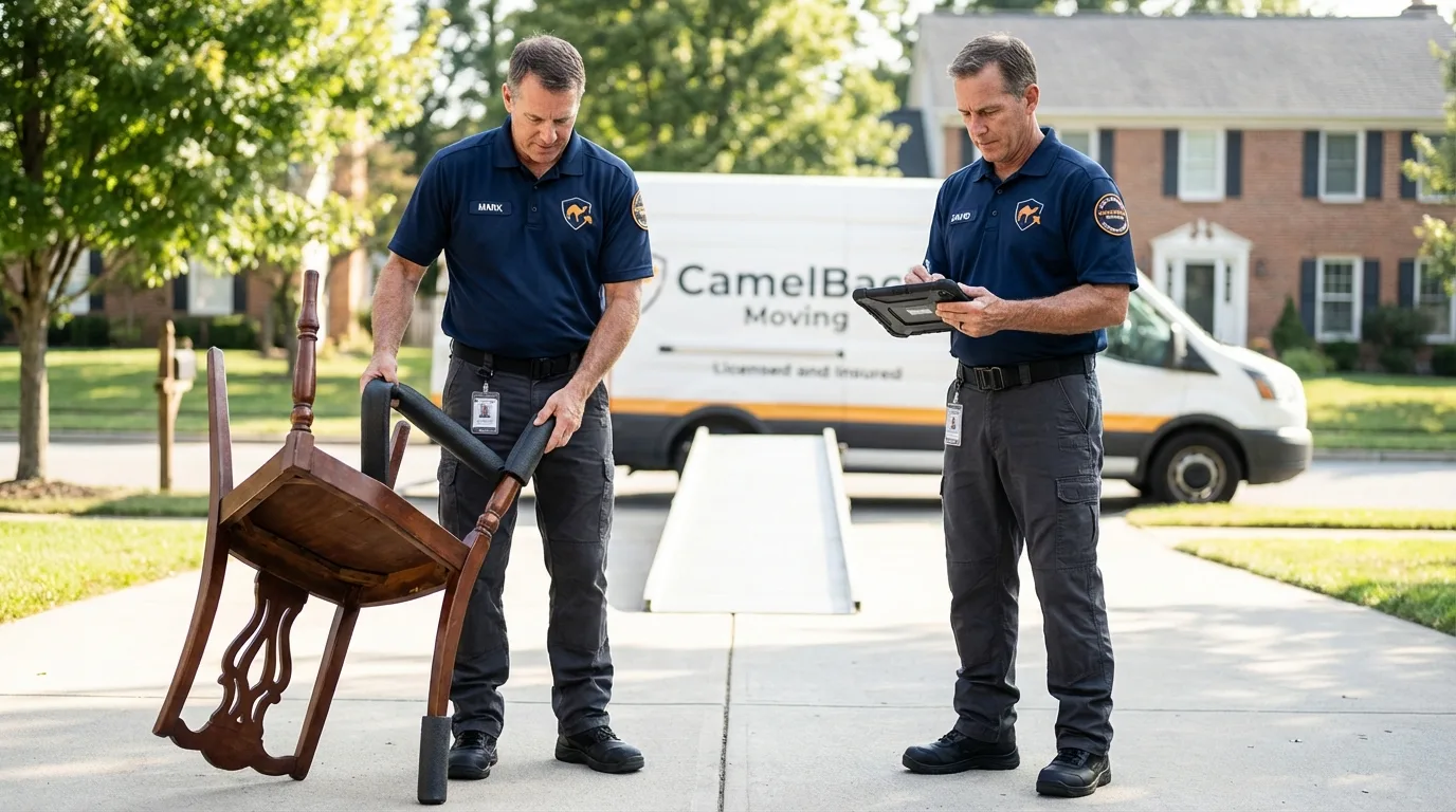 Movers inspecting furniture for damage prevention before loading in Greenup, KY